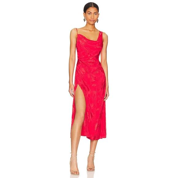For Love & Lemons Women's Jacquard Fabric Ilana Midi Dress in Red NWT - Picture 2 of 11